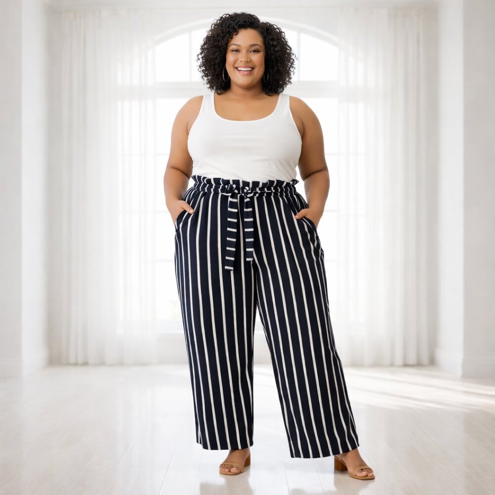 2/$20 SALE H&M Navy Blue White Striped Paperbag Waist Pants & Belt Plus Size 22